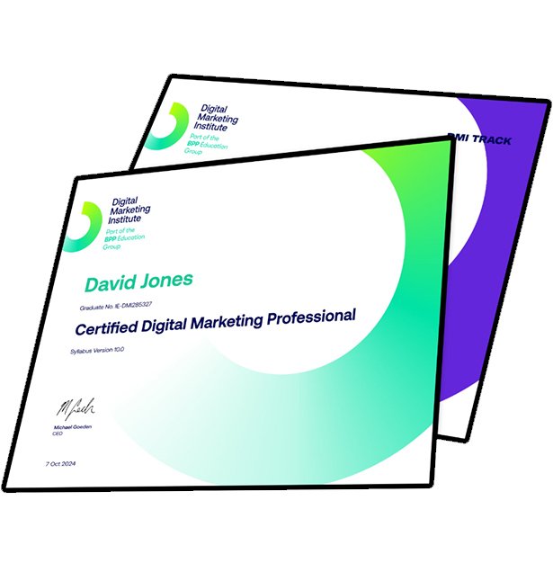 Deux certificats du Digital Marketing Institute superposés, dont le titre de Certified Digital Marketing Professional obtenu après formation.