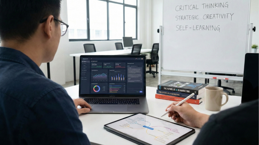 Professionnel du marketing digital dans un bureau moderne, analysant des données sur écran et tablette, à côté d'un tableau blanc listant les compétences clés : esprit critique, créativité stratégique et auto-formation