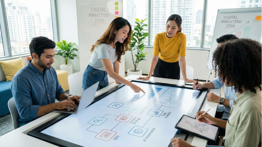Équipe exerçant un métier marketing digital en 2026 analysant des flux de données et d'IA sur une table tactile interactive.