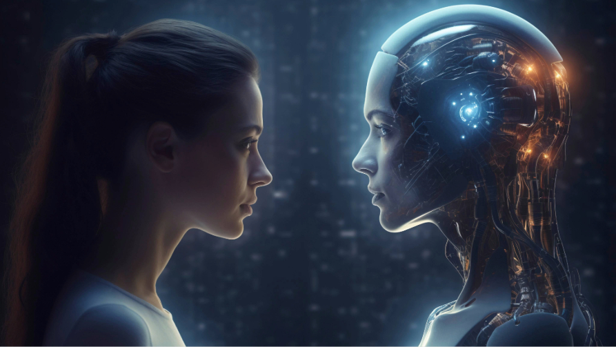 Profil d'une femme faisant face à un robot humanoïde dont les circuits cérébraux sont illuminés, symbolisant l'IA dotée de capacités de raisonnement.