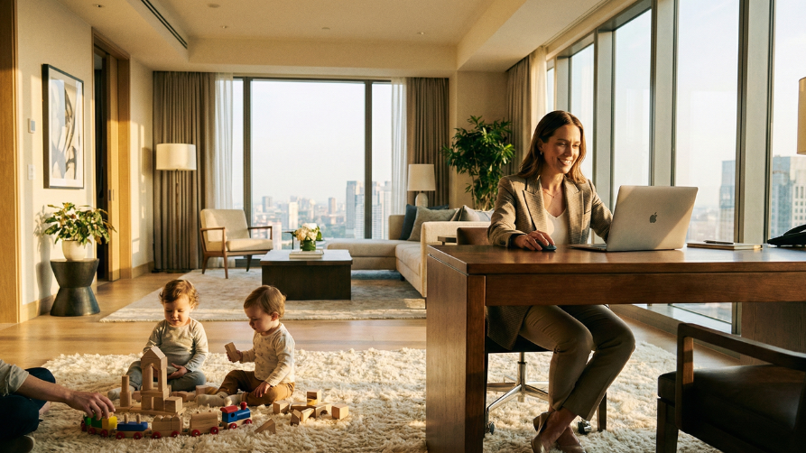 Une femme professionnelle souriante travaille sur son ordinateur portable à un bureau, tandis que deux jeunes enfants jouent tranquillement au sol dans un salon moderne et lumineux.