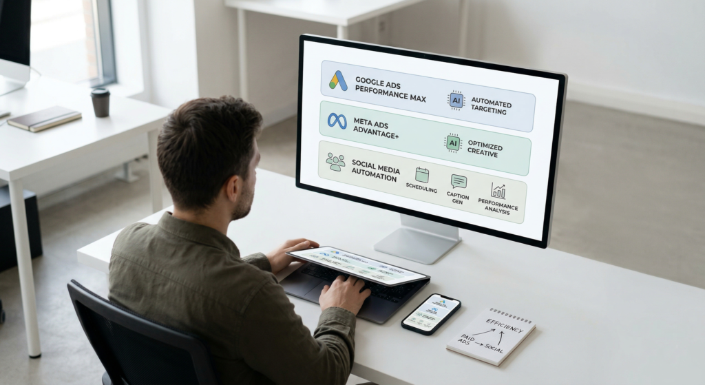A realistic, minimalist image of a professional marketer sitting at a clean, white desk, looking at a large computer monitor. The screen displays a streamlined, modern dashboard highlighting AI marketing tools, with distinct sections for Google Ads Performance Max, Meta Ads Advantage+, and Social Media Automation. On the desk alongside the monitor are a laptop, a smartphone, and a small notepad featuring a hand-drawn diagram connecting paid ads and social media to overall efficiency.