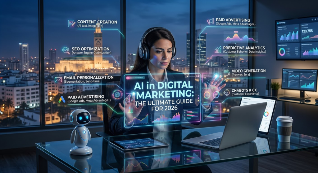 Une experte en marketing digital dans un bureau moderne avec vue nocturne, interagissant avec des écrans holographiques listant les stratégies de l'intelligence artificielle pour 2026, telles que l'optimisation SEO, la création de contenu, et l'analyse prédictive. Un petit assistant robotique est posé sur son bureau.