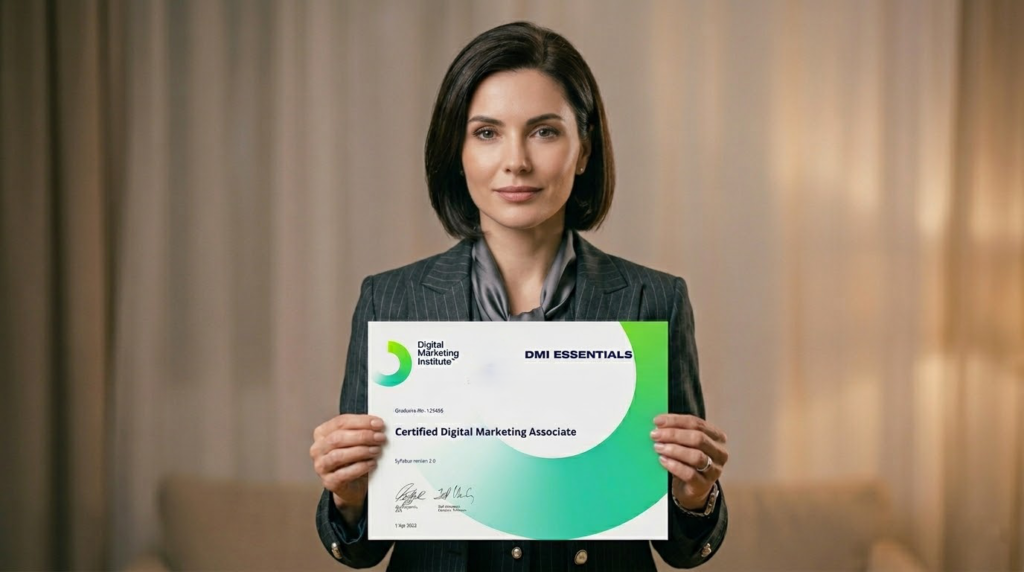 A medium shot of a woman with dark hair in a pinstripe blazer and grey silk top, looking confidently at the camera and holding up a certificate. The certificate is titled "DMI ESSENTIALS: Certified Digital Marketing Associate." It features the logos of the Digital Marketing Institute and APU, as well as a large green gradient circle. The background is a softly blurred, light-colored curtain.