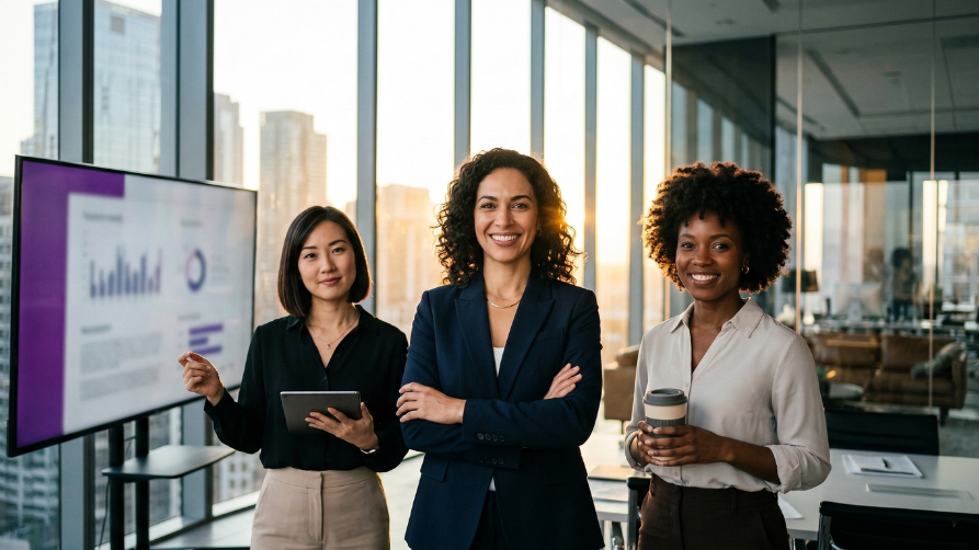 Un plan moyen ensoleillé de trois femmes d'affaires d'origines diverses debout dans un bureau moderne donnant sur une ligne d'horizon urbaine massive. De gauche à droite : une femme asiatique avec une tablette, une femme métisse aux bras croisés et une femme noire avec une tasse à café. Un grand écran à gauche affiche des données. La lumière dorée du coucher de soleil remplit la pièce.
