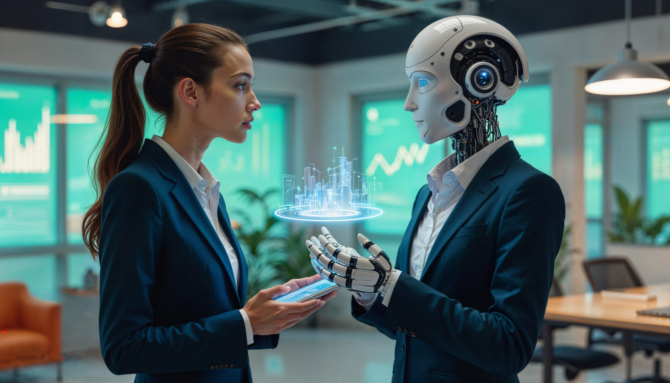 Professionnelle analysant des données holographiques avec un robot, illustrant l'alliance IA et marketing digital pour amplifier l'expertise humaine.