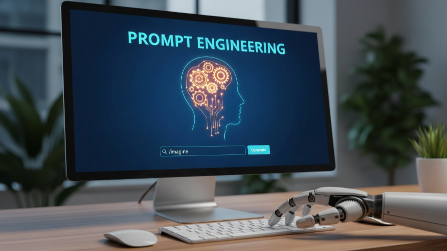 Concept de prompt engineering : bras robotique futuriste utilisant une interface d'intelligence artificielle sur un ordinateur