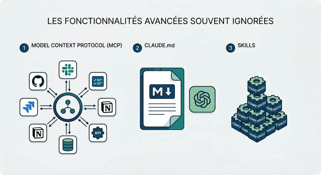 Infographie minimaliste illustrant trois fonctionnalités avancées sous le titre "Les fonctionnalités avancées souvent ignorées". La section 1 présente le "Model Context Protocol (MCP)" avec un schéma d'un hub central connecté à divers outils (GitHub, Slack, Notion, bases de données). La section 2 illustre "CLAUDE.md" par une icône de fichier Markdown à côté d'un logo d'intelligence artificielle. La section 3 montre les "Skills" à l'aide d'une pile d'engrenages imbriqués symbolisant des compétences automatisées.
