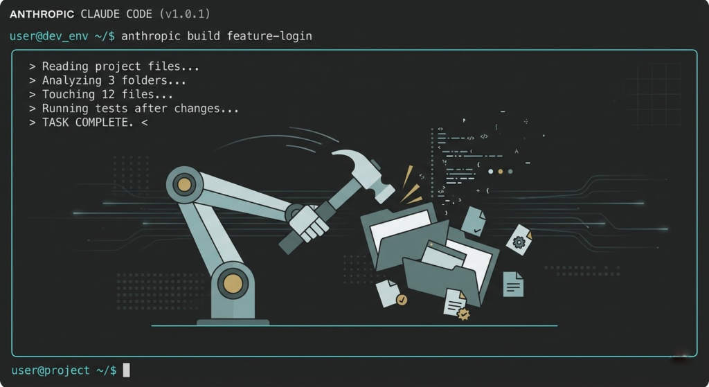 Illustration minimaliste d'une interface de ligne de commande (terminal) sur fond sombre. Au centre, un bras robotique stylisé tient un marteau avec lequel il interagit directement avec des dossiers et des fichiers flottants. Sur l'écran du terminal, des lignes de code indiquent que l'outil lit, analyse et modifie de manière autonome plusieurs fichiers. L'ensemble symbolise la capacité d'action directe et l'intégration de Claude Code dans l'environnement du développeur.