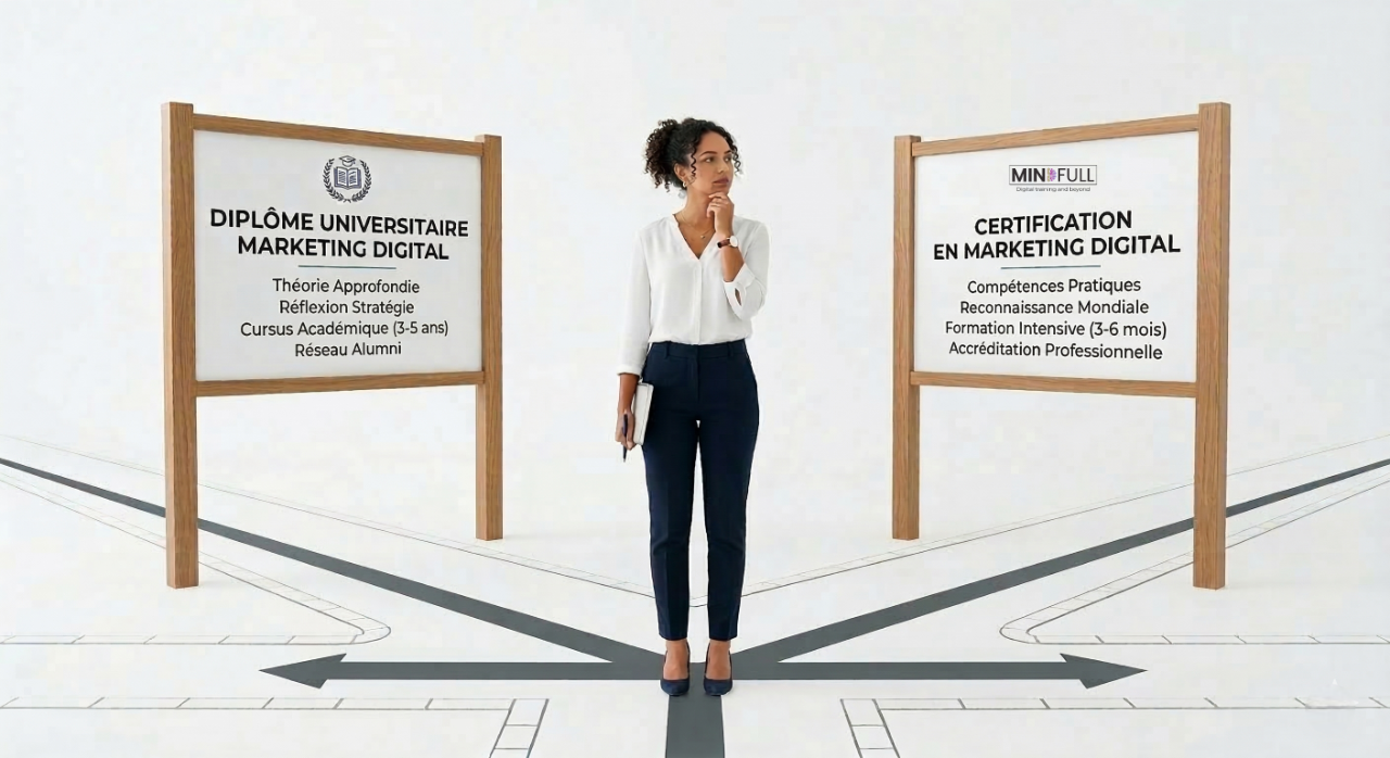 Une femme professionnelle réfléchissant face à deux directions : une Certification DMI en Marketing Digital ou un Diplôme universitaire en Marketing Digital