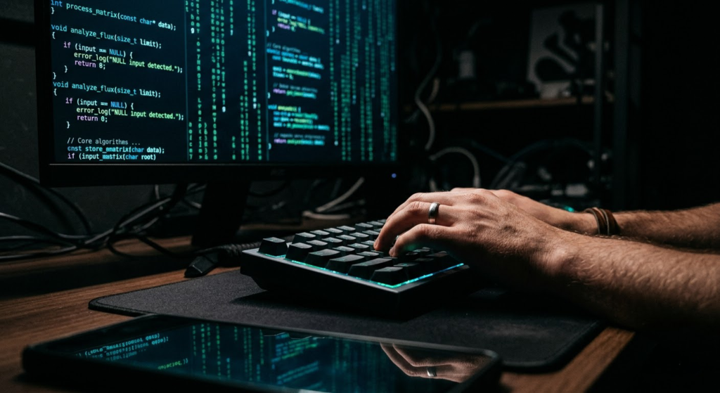 Gros plan sur des mains humaines tapant sur un clavier mécanique dans une pièce plongée dans l'obscurité. La scène est intensément éclairée par la lueur bleu-vert d'un écran affichant des lignes de code en cascade. L'arrière-plan est flou (effet bokeh), et le reflet lumineux de l'écran est visible sur le bureau, créant une atmosphère cinématographique très contrastée. Aucun visage n'est visible.