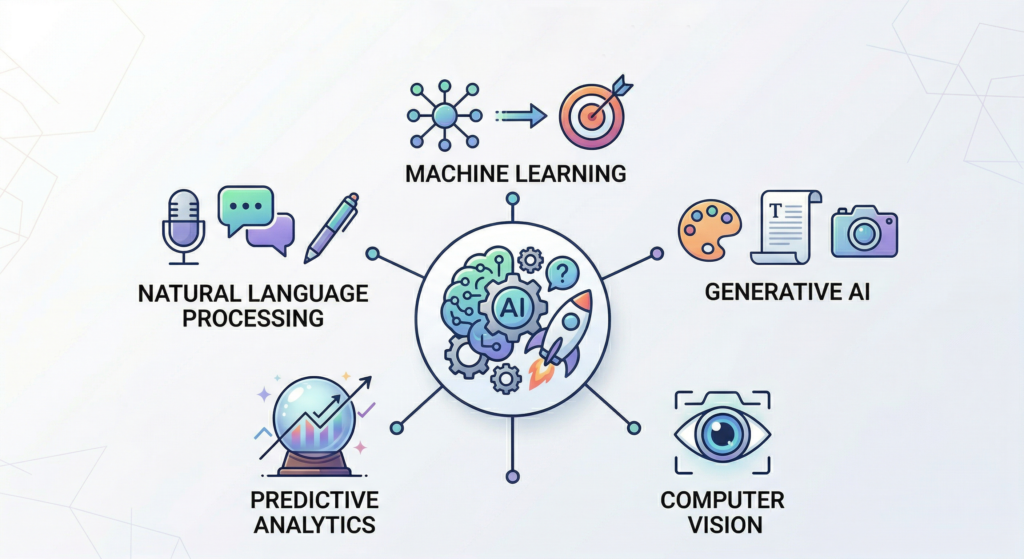 Minimalist infographic illustrating the key artificial intelligence technologies in digital marketing. In the center, a mechanical brain icon represents AI, connected to five sub-domains accompanied by icons: Machine Learning, Natural Language Processing, Generative AI, Computer Vision, and Predictive Analytics.