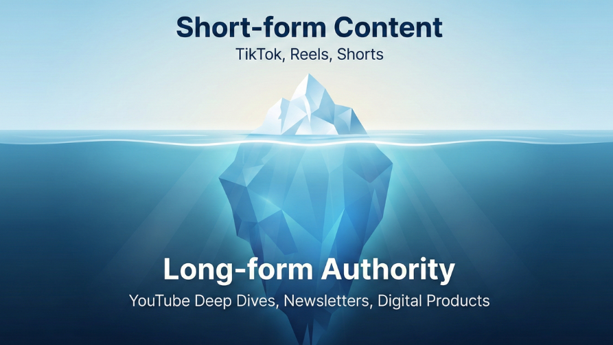 A digital illustration of an iceberg in the ocean. The small visible tip above the water is labeled "Short-form Content" with smaller text reading "TikTok, Reels, Shorts." The massive, hidden base submerged underwater is labeled "Long-form Authority" with smaller text reading "YouTube Deep Dives, Newsletters, Digital Products."
