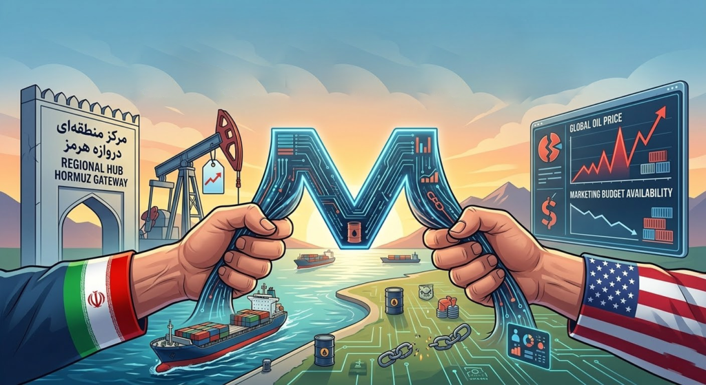 Comment le conflit Iran-États-Unis redessine le marketing : illustration des tensions géopolitiques avec hausse des prix du pétrole, baisse des budgets marketing et blocage des chaînes d'approvisionnement dans le détroit d'Ormuz.