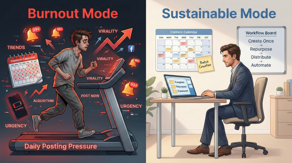 A two-panel illustration comparing content strategies. On the left, "Burnout Mode" shows a stressed man on a "Daily Posting Pressure" treadmill amidst chaotic social media icons. On the right, "Sustainable Mode" shows a calm man at a desk with an organized "Workflow Board" for creating once and repurposing.