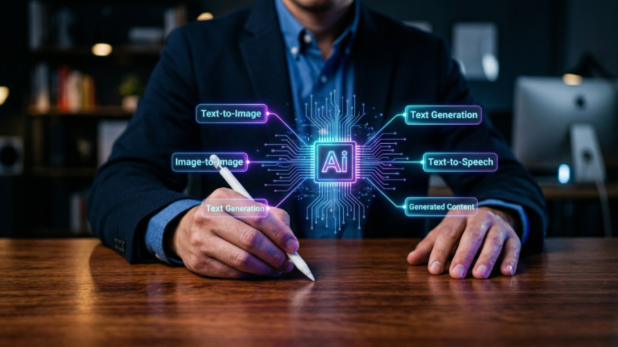Gros plan d'un professionnel en costume tenant un stylet numérique sur un bureau en bois, interagissant avec une interface holographique lumineuse bleue et violette affichant une puce "IA" et des panneaux pour les outils de génération de contenu par IA.