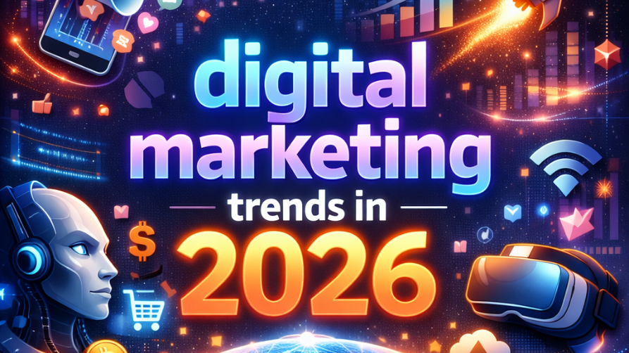 Illustration futuriste et colorée affichant le texte "Digital Marketing Trends in 2026" entouré d'icônes d'intelligence artificielle, de réalité virtuelle (casque VR), de réseaux sociaux et de graphiques de croissance.