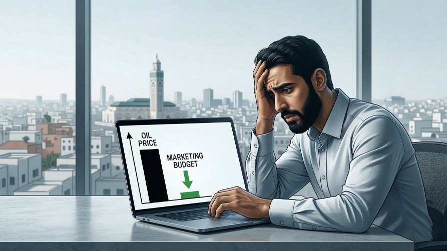 Illustration of a businessman in a Casablanca office reacting to the economic impact of the Iran-USA war, showing a screen where soaring oil prices cause marketing budgets to shrink.