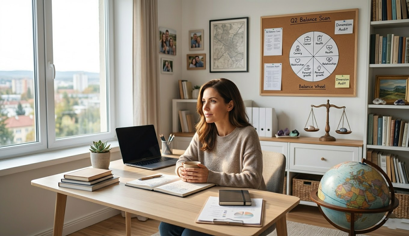 A professional woman sitting at a bright, organized wooden desk, looking thoughtfully out a window during her morning peak hours. She is holding a warm cup of tea, with an open notebook and laptop nearby, symbolizing a strategic shutdown ritual and intentional focus on energy over time management.