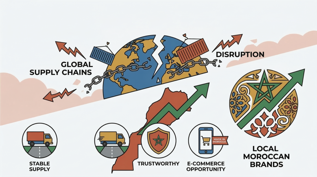 Gemini a dit
An infographic contrasting the rise of "LOCAL MOROCCAN BRANDS" with "GLOBAL SUPPLY CHAINS" and "DISRUPTION." A broken, chained globe shows chaos, while a map of Morocco features a strong upward arrow and a large star. Icons detail supporting factors: a truck for "STABLE SUPPLY," a shield with a star for "TRUSTWORTHY," a smartphone for "E-COMMERCE OPPORTUNITY," and a traditional Zellij pattern with "LOCAL MOROCCAN BRANDS."
