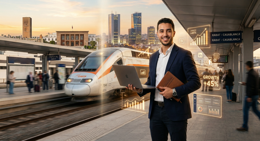 A photorealistic image of a confident young Moroccan professional standing on a train station platform, holding an open laptop and a notebook. Behind him, a sleek white and orange high-speed train resembling the Al Boraq is arriving at the station. The background features a striking, juxtaposed skyline blending Rabat's classic administrative architecture with Casablanca's modern business towers, all bathed in warm golden hour light. Glowing, semi-transparent digital elements—such as upward-trending charts, analytics dashboards, and social media icons—float around the man, symbolizing digital marketing growth. The overall mood is ambitious, premium, and cinematic.