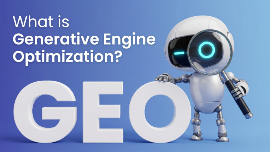 Illustration 3D d'un petit robot tenant une loupe à côté des lettres géantes GEO, avec la question What is Generative Engine Optimization.
