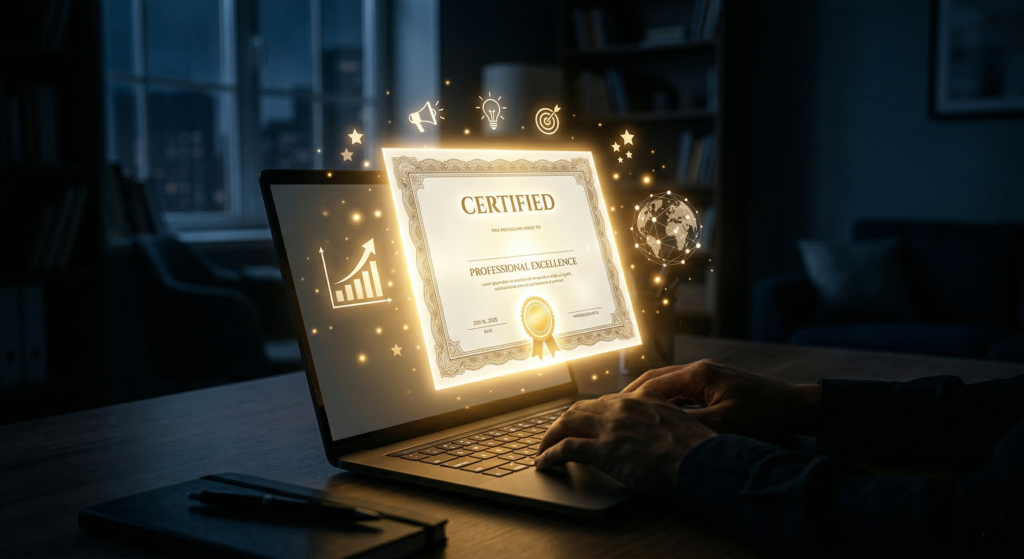 A high-contrast, cinematic image of a laptop in a dark, moody environment. A brightly glowing, golden certification document appears to emerge and float from the laptop screen, casting a warm light. Surrounding the document are subtle, luminous digital icons representing global connections, marketing, and career growth charts. The scene is characterized by deep blue and black shadows that sharply contrast with the radiant gold light of the certificate.