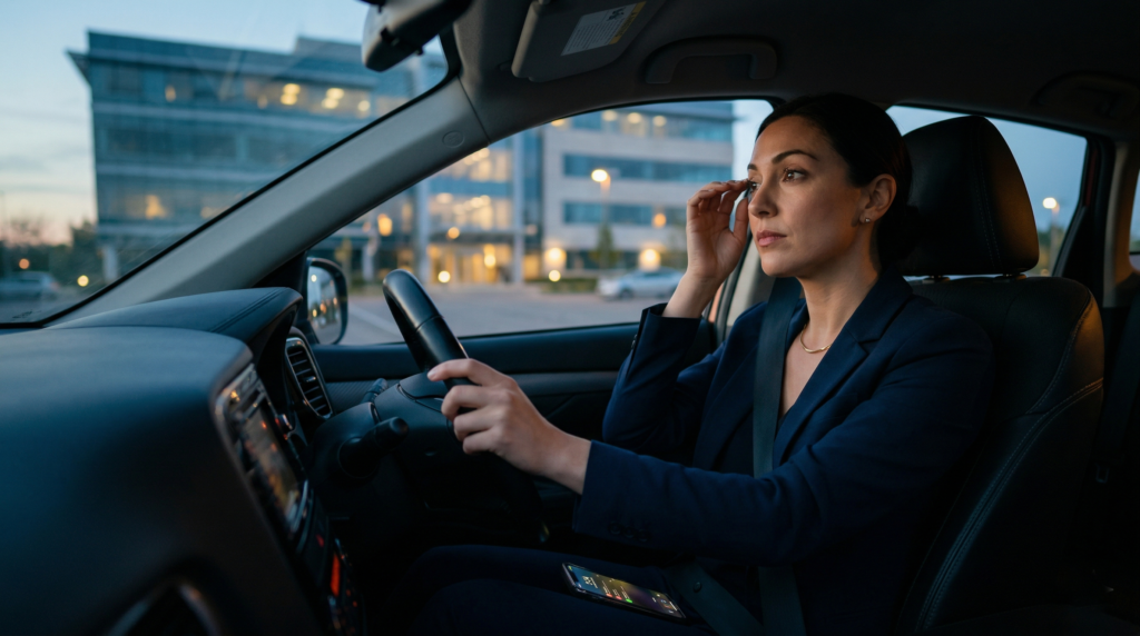 A professional woman in a dark blue suit sits alone in the driver's seat of her parked car outside an office building at dusk. She has one hand resting on the steering wheel while using the other to carefully touch the corner of her eye, appearing tired yet composed. A glowing smartphone with unread notifications rests on her lap.
