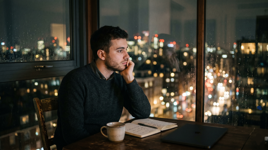A cinematic, documentary-style photograph of a young professional sitting alone at a wooden table beside a large window at night. He stares thoughtfully into the distance with a slightly tense expression, resting his face lightly against his hand. The out-of-focus city lights outside glow warmly and reflect faintly on the windowpane. A ceramic mug, an open notebook with a pen, and a closed dark laptop sit on the table in front of him. The scene features soft shadows, natural low lighting, and a moody, introspective atmosphere.