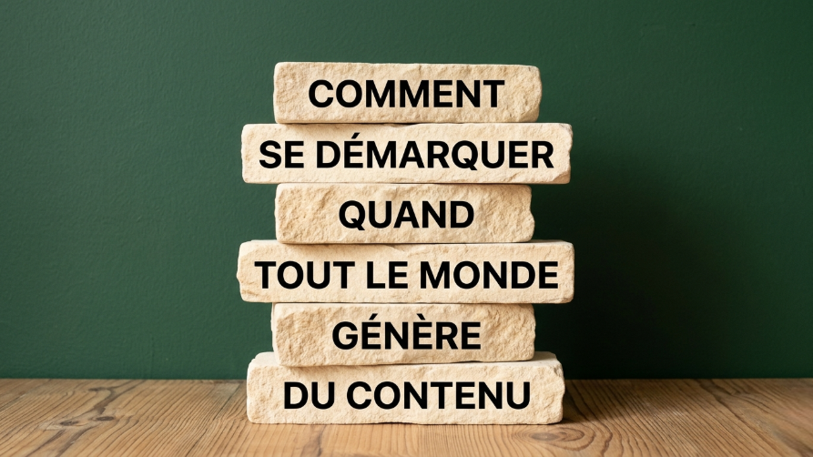 Question sur le Personal Branding à l'ère de l'IA : Comment se démarquer quand tout le monde génère du contenu, écrite sur des blocs empilés