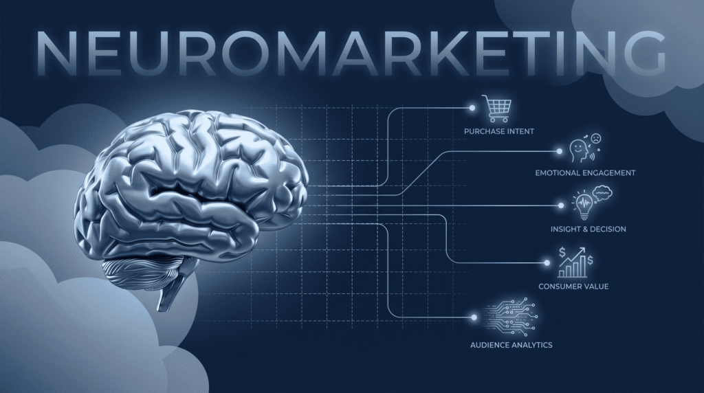 A digital illustration of neuromarketing against a navy blue background. A metallic 3D human brain on the left connects via glowing lines to five marketing data points on the right: Purchase Intent (shopping cart icon), Emotional Engagement (face icon), Insight & Decision (lightbulb icon), Consumer Value (bar graph icon), and Audience Analytics (circuit icon). The word "NEUROMARKETING" is displayed in large, translucent capital letters across the top.
