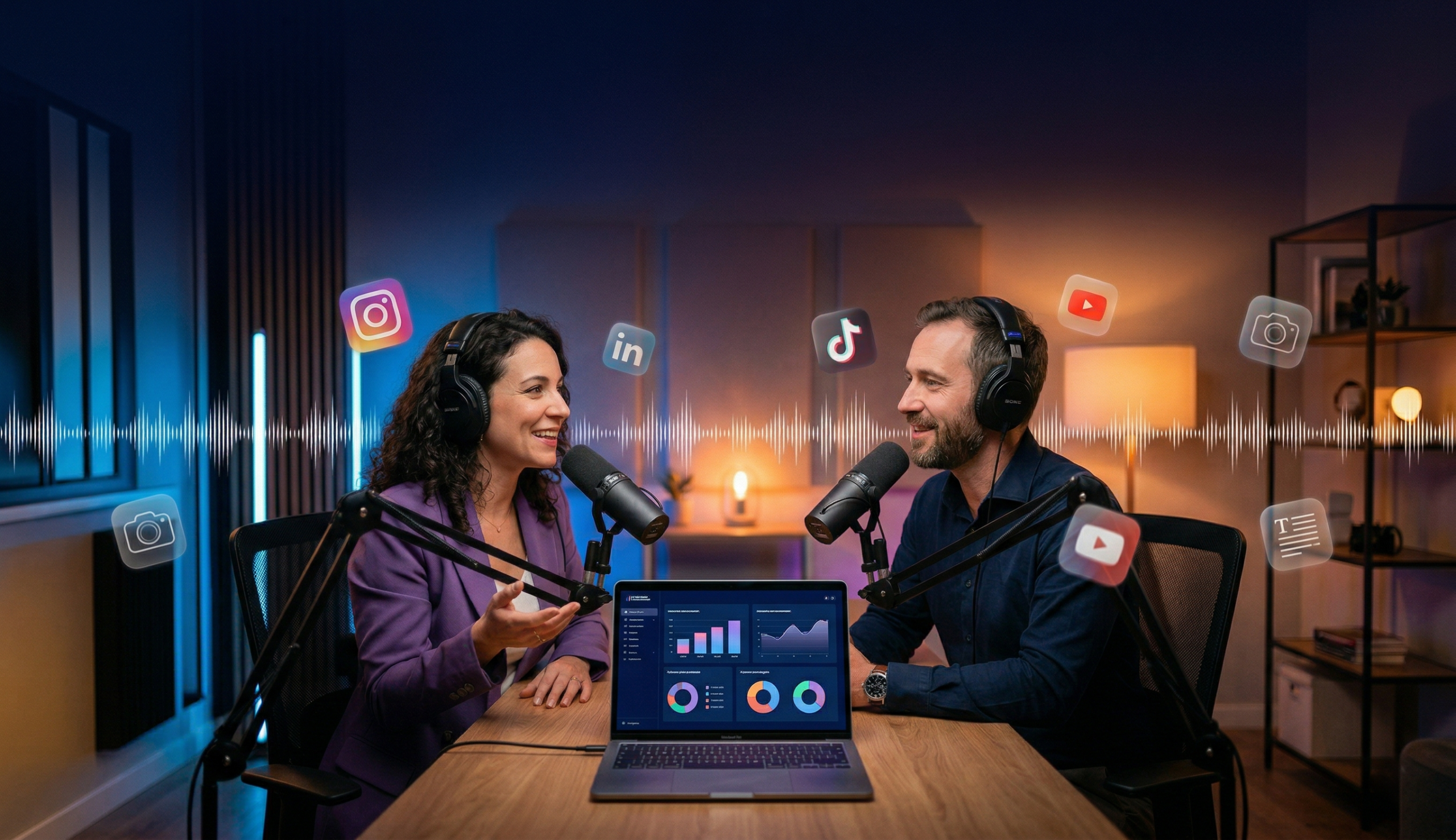 Deux professionnels animant un podcast dans un studio moderne avec un éclairage chaleureux aux tons bleus et orangés. Ils sourient et discutent face à des microphones de studio. Sur la table, un ordinateur portable affiche des tableaux de bord analytiques. Des icônes lumineuses de réseaux sociaux (Instagram, LinkedIn, TikTok) et des ondes sonores virtuelles flottent autour d'eux, illustrant le thème du marketing digital."