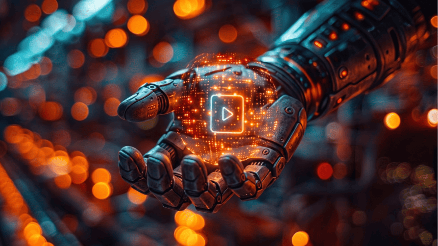 Une main robotique détaillée tenant une sphère technologique lumineuse avec une icône de lecture (play) en son centre. L'esthétique futuriste et le bokeh d'éclairage urbain illustrent visuellement le concept de 'Vidéo IA Marketing : Le nouveau standard du Branding Social'.