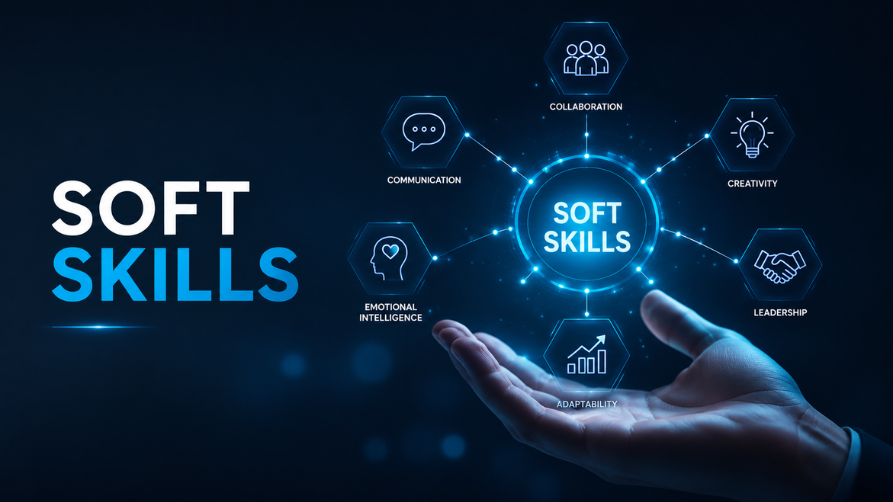 Image futuriste sur fond bleu sombre montrant le texte "SOFT SKILLS" à gauche. À droite, une main tendue, paume vers le haut, présente une interface numérique lumineuse en forme de réseau. Au centre du réseau se trouve un cercle affichant "SOFT SKILLS", relié à six hexagones contenant des icônes et des libellés en anglais : Communication (bulle de dialogue), Collaboration (groupe de personnes), Creativity (ampoule), Leadership (poignée de main), Adaptability (graphique en croissance) et Emotional Intelligence (profil humain avec un cœur).