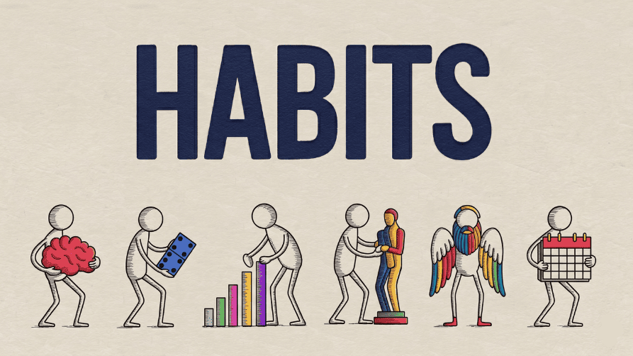 An illustration on a light beige, paper-textured background. At the top, the word "HABITS" is written in large, bold, navy blue capital letters. Below the text, there is a sequence of six stylized, grey stick-figure characters, each interacting with a symbolic object. From left to right: the first figure carries a large pink brain; the second holds a blue die; the third builds a colorful bar chart from varying height blocks; the fourth is sculpting another figure out of red, yellow, and blue material; the fifth is wearing colorful feathered wings and a matching mask; and the sixth figure holds a large red and white calendar.