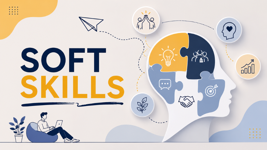 Illustration graphique conceptuelle sur le thème des "Soft Skills". À gauche, le texte "SOFT SKILLS" est écrit en grandes lettres bleues et jaunes au-dessus d'un homme assis sur un pouf, travaillant sur un ordinateur portable. À droite, le profil d'une tête humaine est formé de pièces de puzzle imbriquées. À l'intérieur et autour de cette tête, plusieurs icônes symbolisent différentes compétences humaines : une ampoule (créativité), un groupe (esprit d'équipe), une bulle de discussion (communication), une poignée de main (collaboration), une cible avec une flèche (concentration/objectifs), un cœur dans une tête (intelligence émotionnelle), un graphique en hausse (progression), une plante (développement) et deux personnes faisant un "high five" (succès collectif). Un avion en papier vole en arrière-plan.