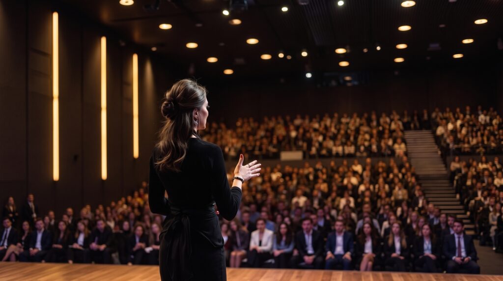 Femme oratrice de dos s'adressant à un large public lors d'une conférence dans un auditorium professionnel.