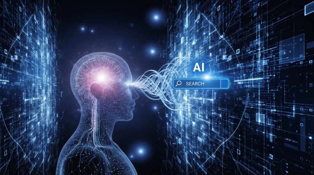 A translucent, glowing profile of a human head made of digital circuitry lines. Bright light and data streams flow from the eye area toward a futuristic search bar labeled "SEARCH" with "AI" floating above it, all set against a dark blue, high-tech grid background.